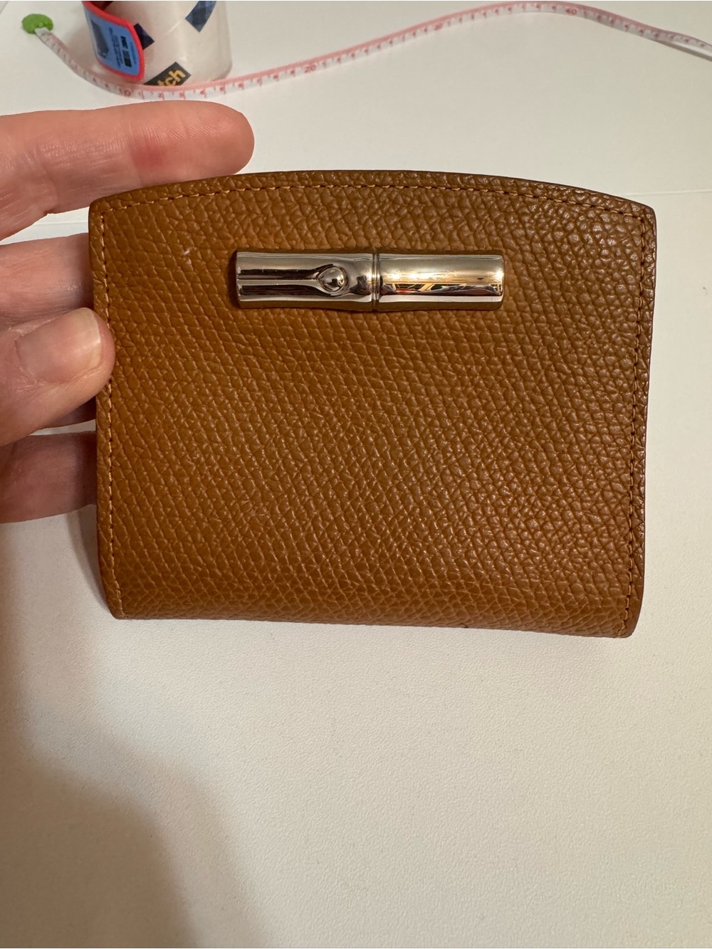 Longchamp Tan Leather Zip Wallet with Silver Hardware